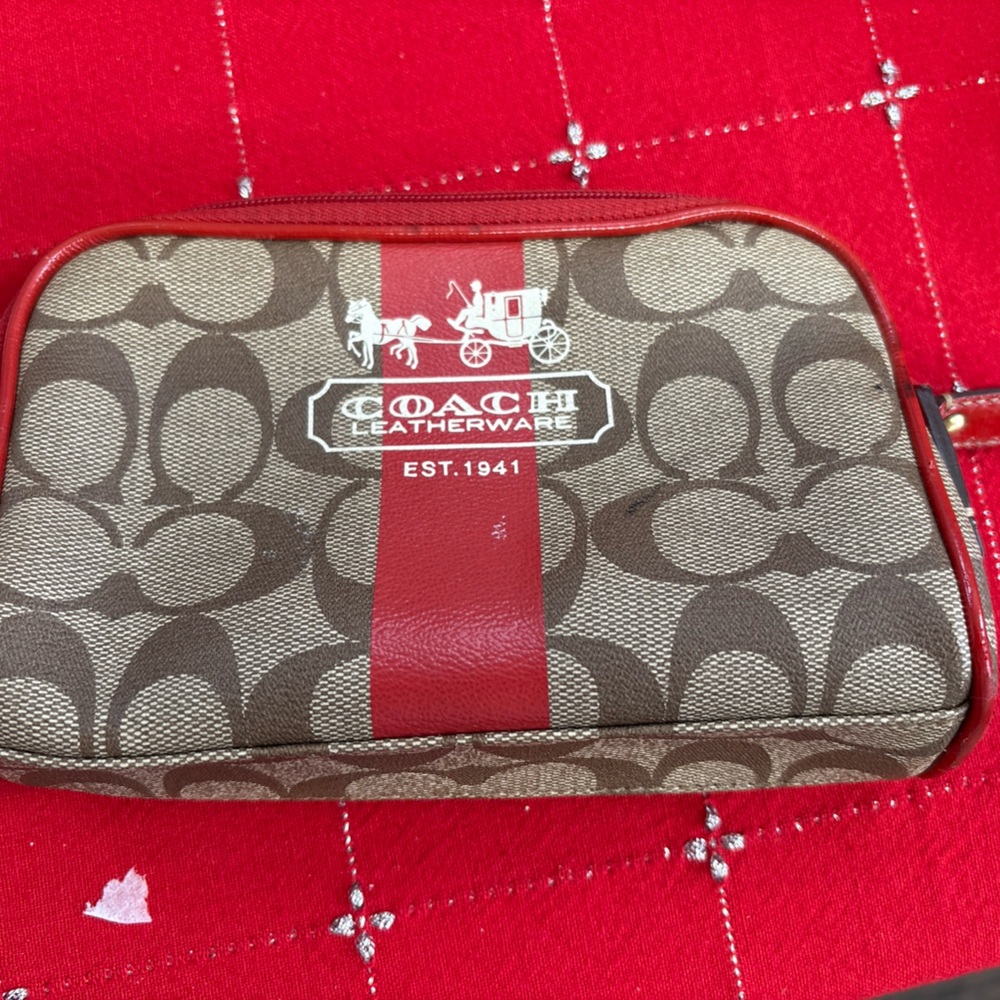 Coach Tan and Red Signature Wristlet